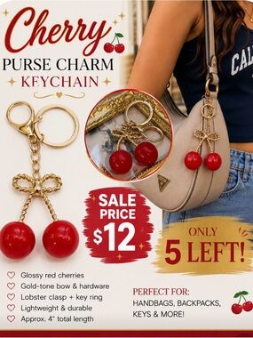 🍒 Cute Red Cherry Purse Charm Keychain Silver Bow Bag Charm lY2K Coquette Style